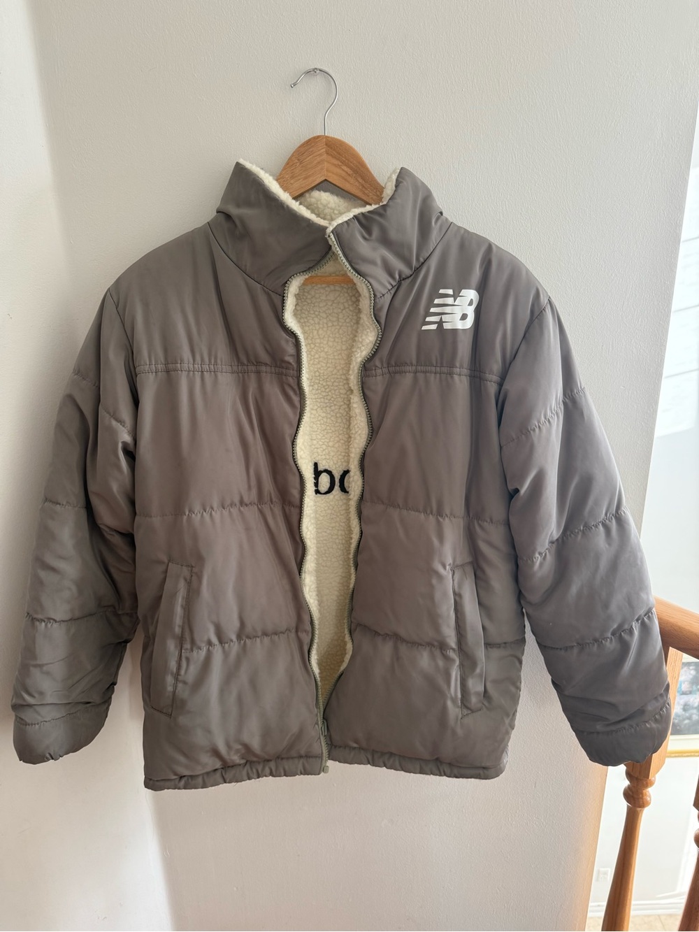 New Balance Kids Gray Puffer Jacket with Cream Sherpa Lining